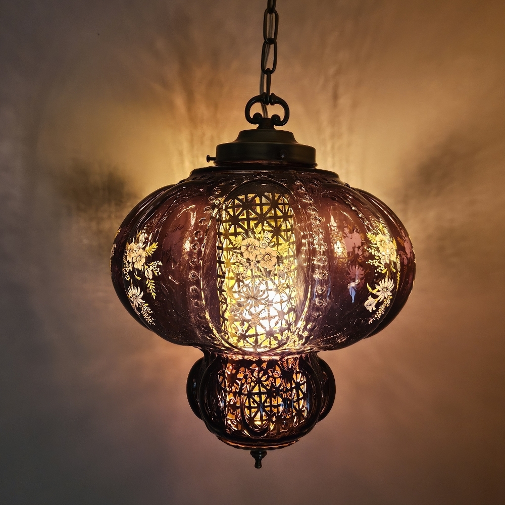 PURPLE Plum MCM Glass Hanging Light Swag Melon Lamp Retro Diffuser Rewired
